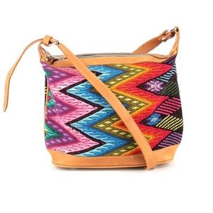 Colorful woven bag with leather trim